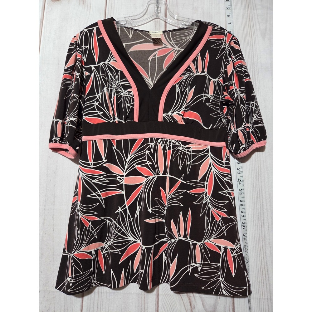 Studio Y Floral Print V Neck Tunic Ladies Large Brown Pink White Elbow Sleeve